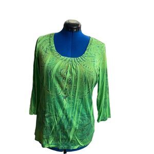 PROJECT Women’s Green Top 3/4 Sleeves Jewel Neckline Size Large Ruched front‎